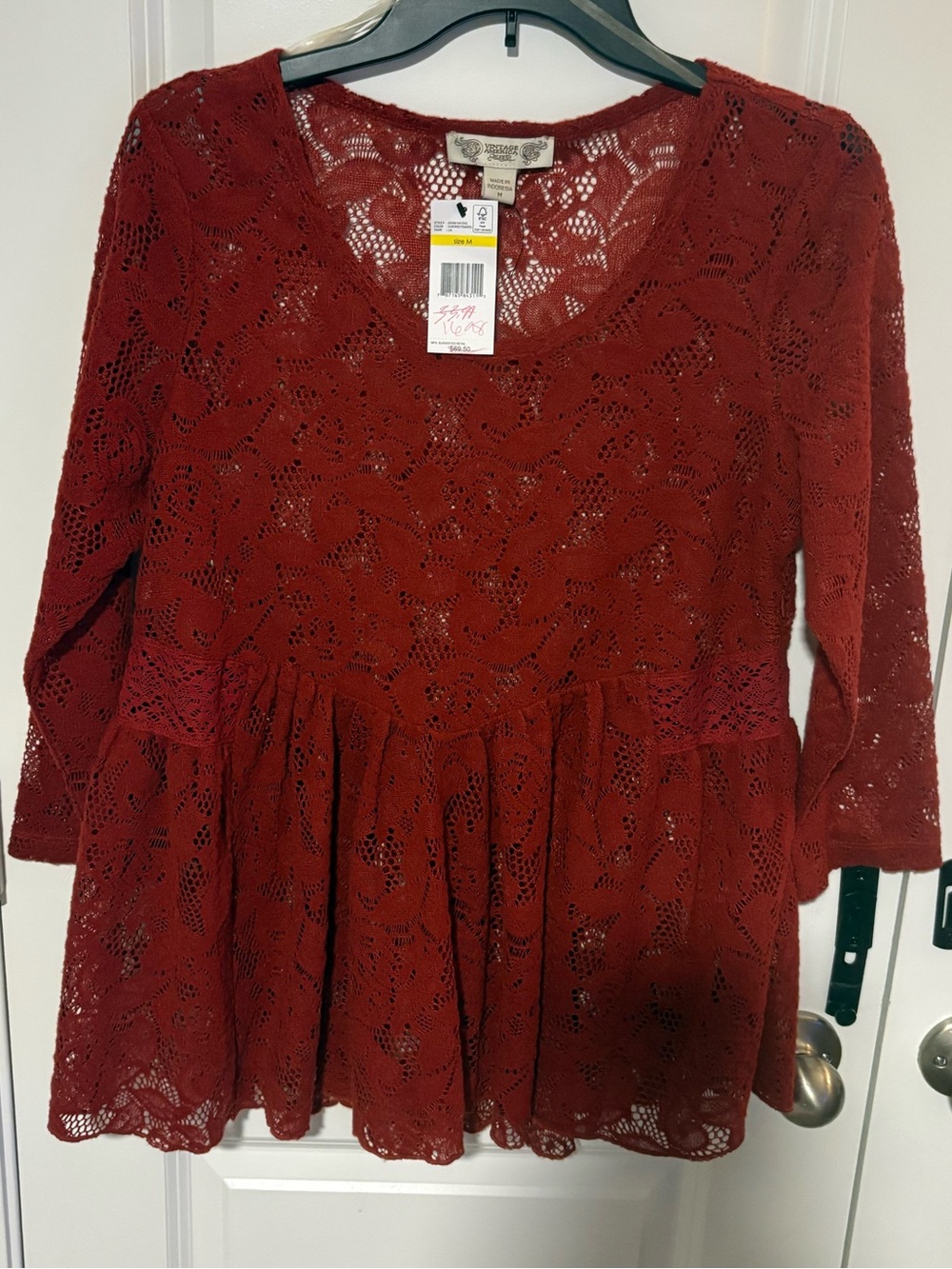 Vintage America Burgundy Lace Peplum Top Size M NWT